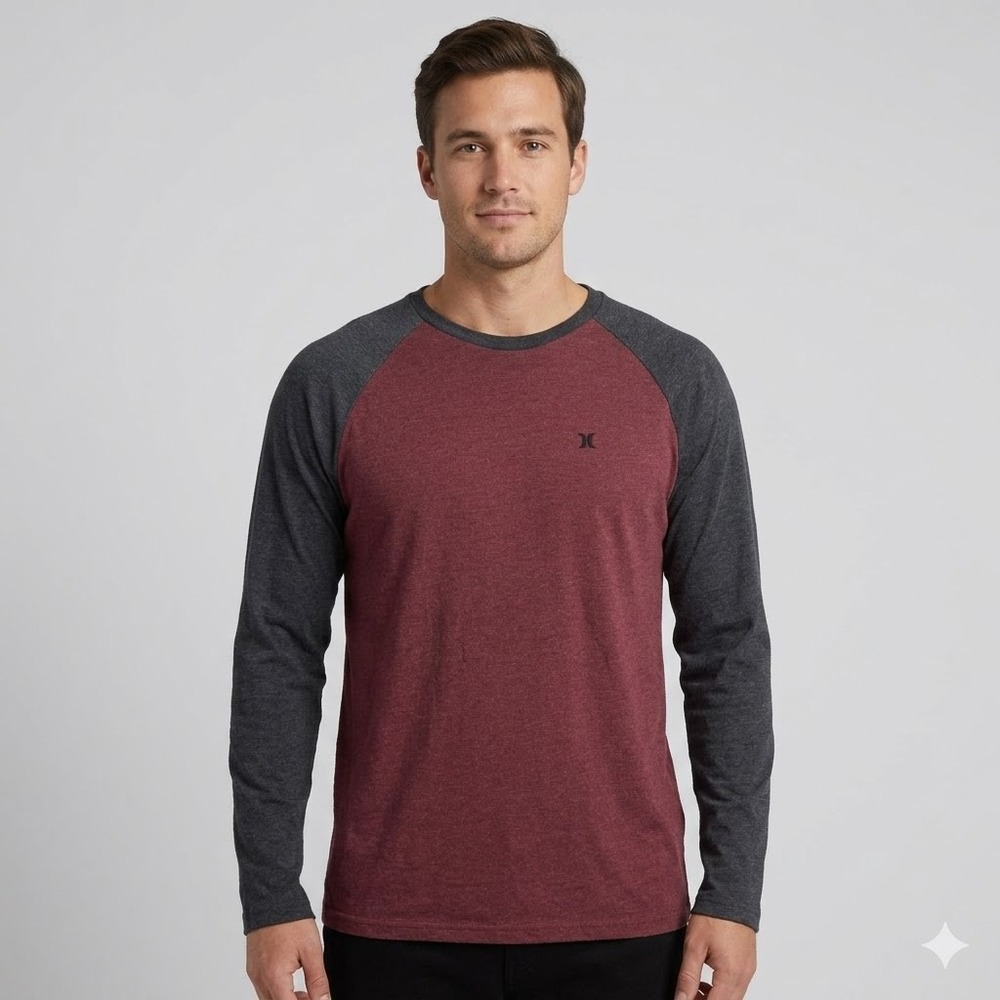 Hurley Raglan Long Sleeve‎ Tee Shirt Maroon Charcoal Heather XL